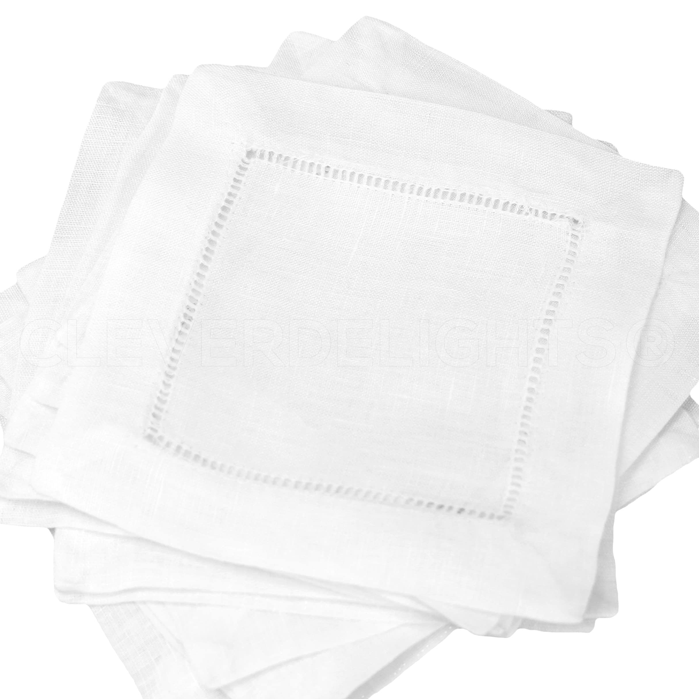 12 CleverDelights White Pure Linen Hemstitch Cocktail Napkins – 6 x 6 Ladder Hemstitch Beverage Napkins – 100% Linen 6 Inch Coaster by CleverDelights