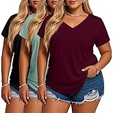 Evervibe 3 Pack Women's Plus Size T-Shirts, V Neck Short Sleeve Shirts Loose Fit Curved Hem Tees Casual Swing Tops