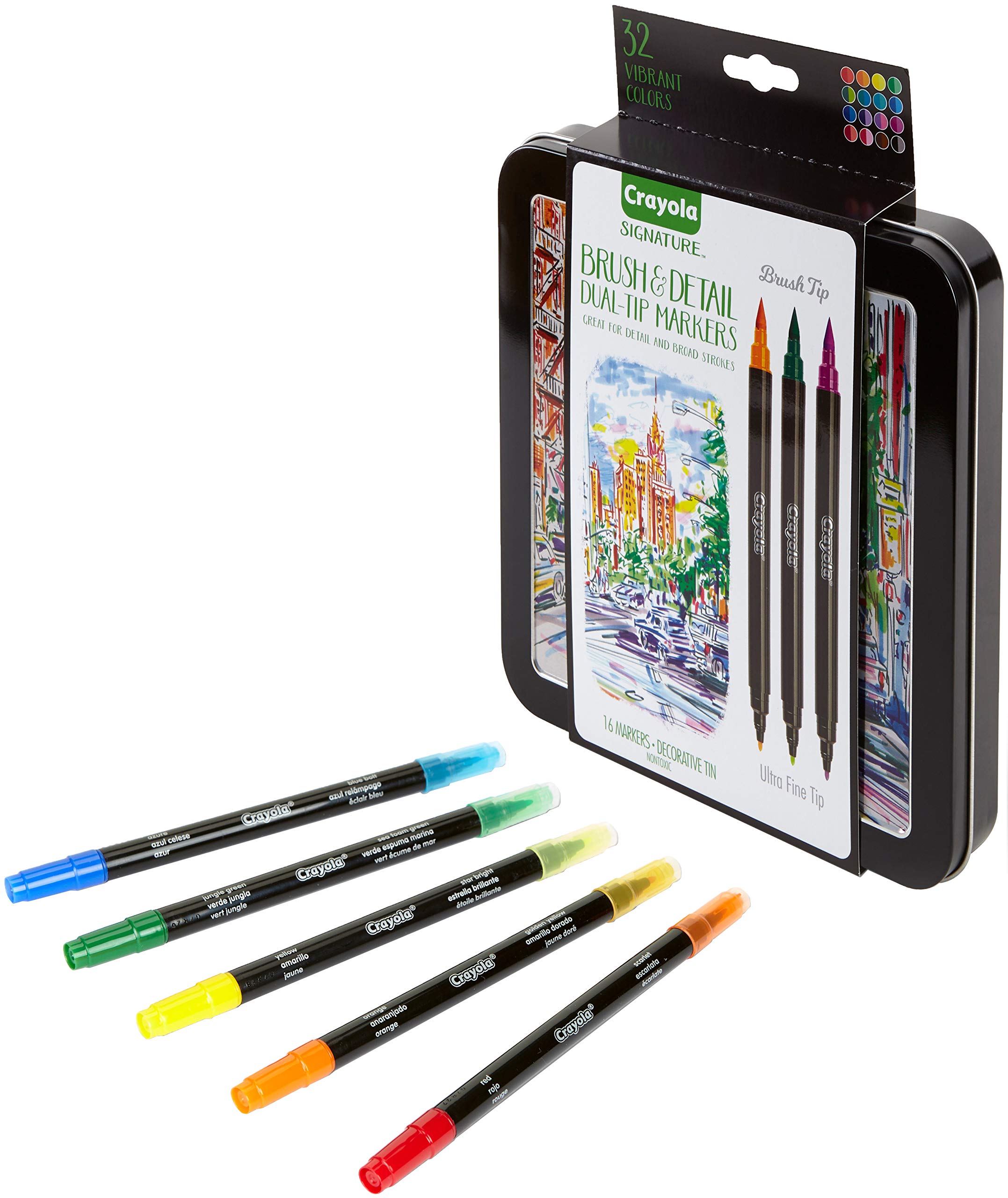Crayola Brush Markers, DualTip with Ultra Fine Marker, Decorative Storage Case, 32 Colors, 16