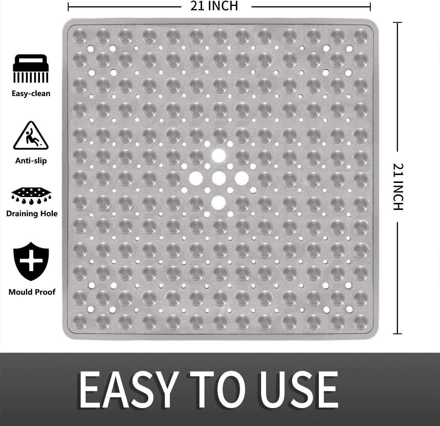 Yimobra Shower Mat for Bathtub, 21 x 21 Inches Bath Tub Square Mats, Non-Slip with Drain Holes, Suction Cups, BPA, Latex, Phthalate Free, Machine Washable, Clear Gray: Home & Kitchen
