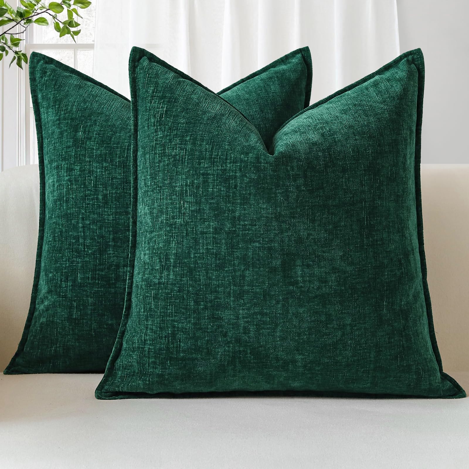 Sungeek Set of 2 Soft Chenille Cushion Covers 50x50cm Square Decorative Throw Pillow Covers with Stitched Edge Solid Dyed Pillow Cases Covers for Home Decor Couch Sofa Bed Living Room, Dark Green