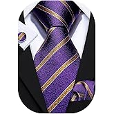 Barry.Wang Tie Sets for Men Silk Stripe Necktie Woven Checkered Handkerchief Cufflinks Formal Business Wedding