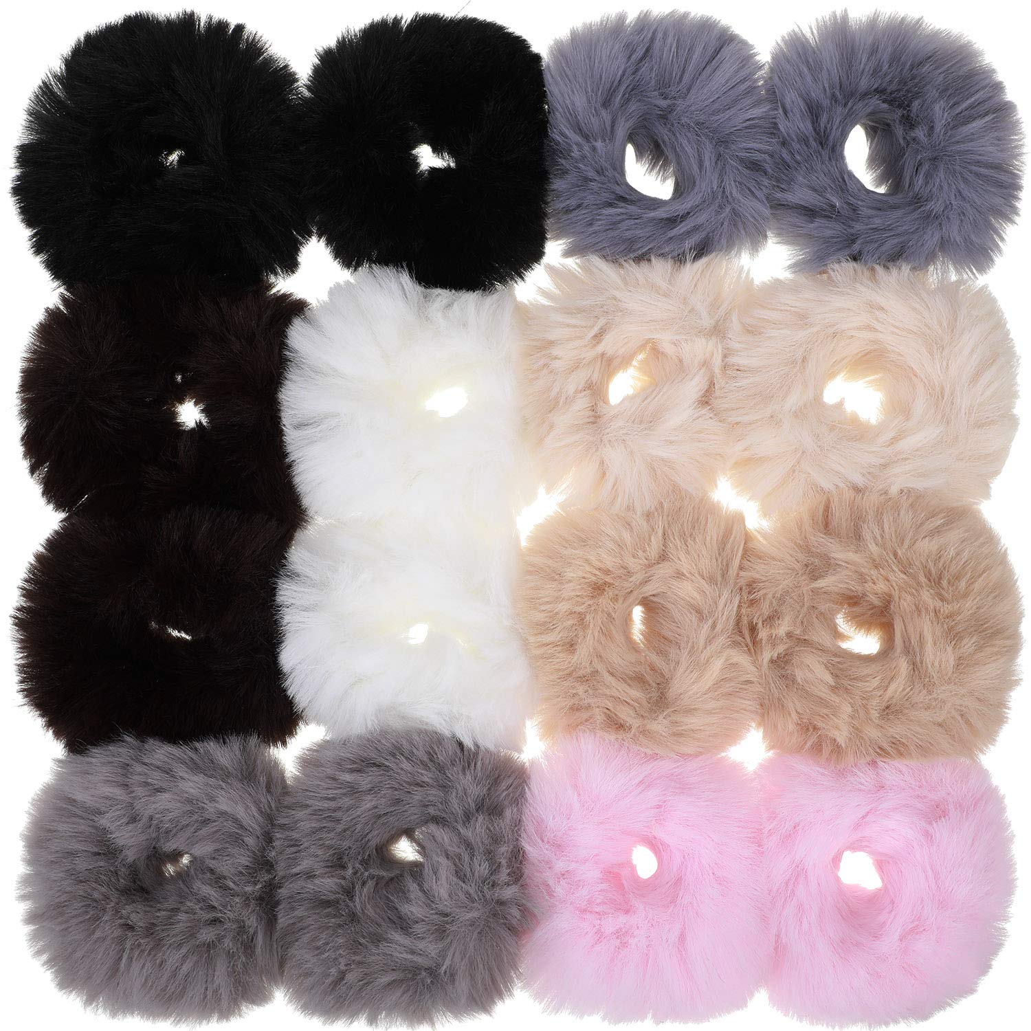 Photo 1 of 16 Pieces Rabbit Fur Hair Accessories: Fluffy Scrunchies, Pom Pom Hair Ties, and Elastic Ponytail Holders for Women and Girls (Color Set 1)