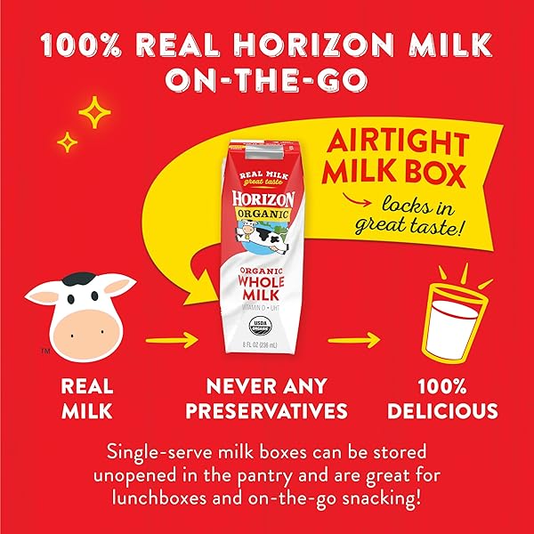HORIZON ORGANIC SHELF STABLE WHOLE MILK BOXES, 8 FL OZ, 18 COUNT – 8G PROTEIN PER SERVING, USDA ORGANIC UHT FROM PASTURE-RAISED COWS, READY TO DRINK FOR LUNCHBOX, TRAVEL, OR ON-THE-GO, NO REFRIGERATION NEEDED
