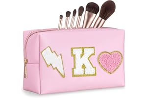 TOPEAST Preppy Makeup Bag Initial Chenille Letter Bag Cosmetic Bag Portable Travel Toiletry Bag, Personalized Birthday Gift for Women Girls Mom Friends, Letter K