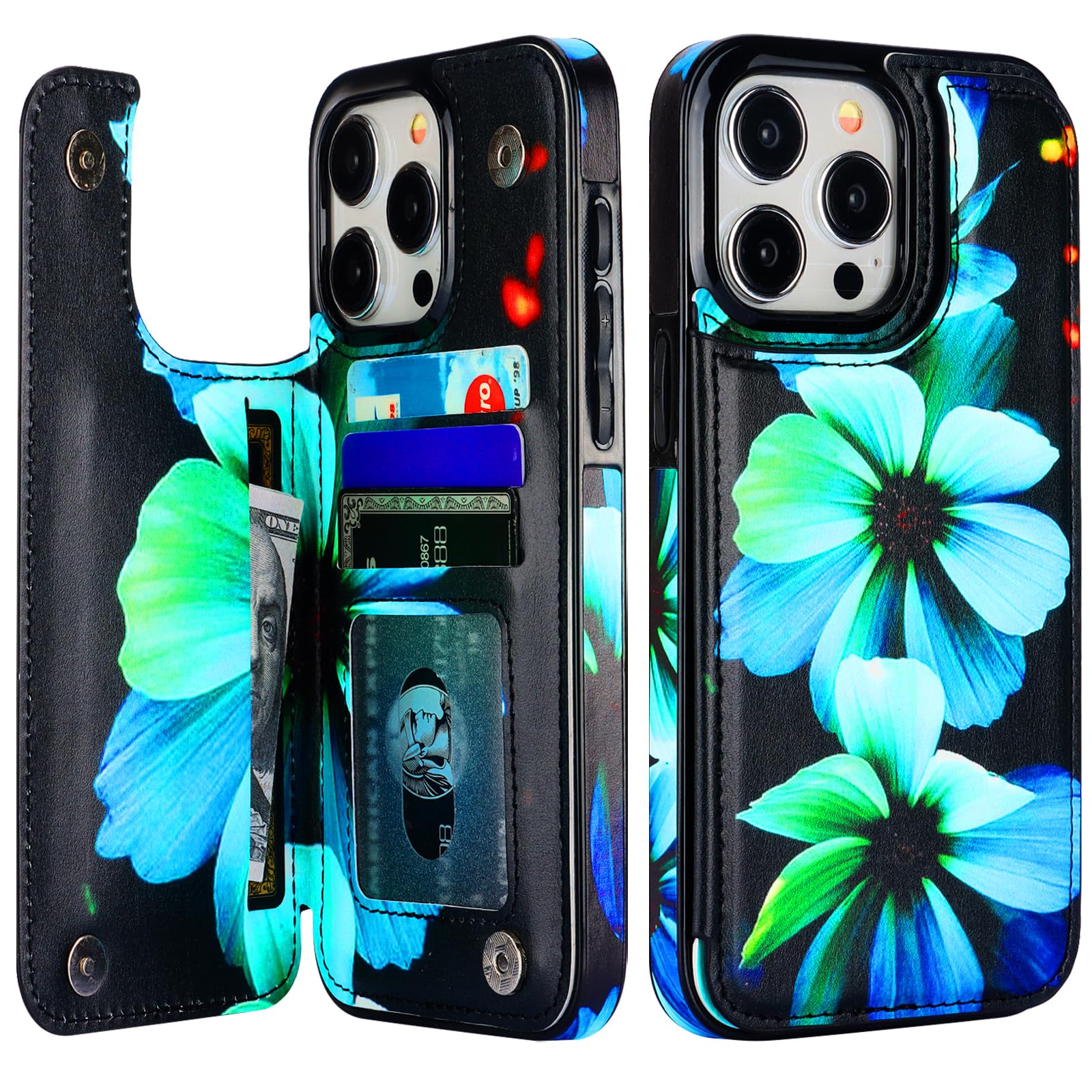 Photo 1 of HAOPINSH for iPhone 15 Pro Max Wallet Case with Card Holder, Blue Florals Pattern Back Flip Folio PU Leather Kickstand Card Slots Case for Women Girls, Double Magnetic Clasp Shockproof Cover 6.7"