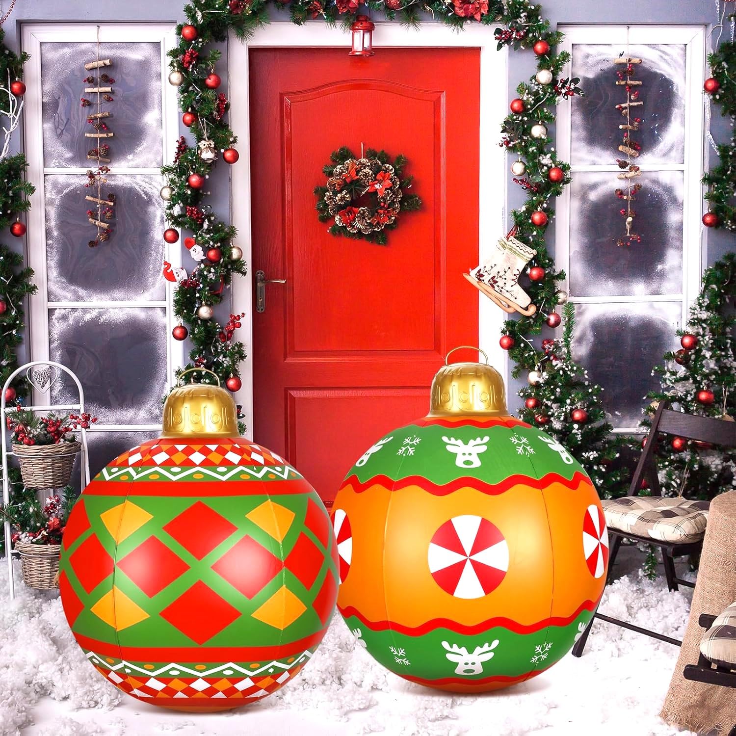 KAHEIGN 2Pcs Giant Inflatable Christmas Balls, 60CM Red Green Blow Up Decoration Ball PVC Inflatable Holiday Ornament for Christmas Indoor Outdoor Home Garden Lawn Yard Porch Decoration