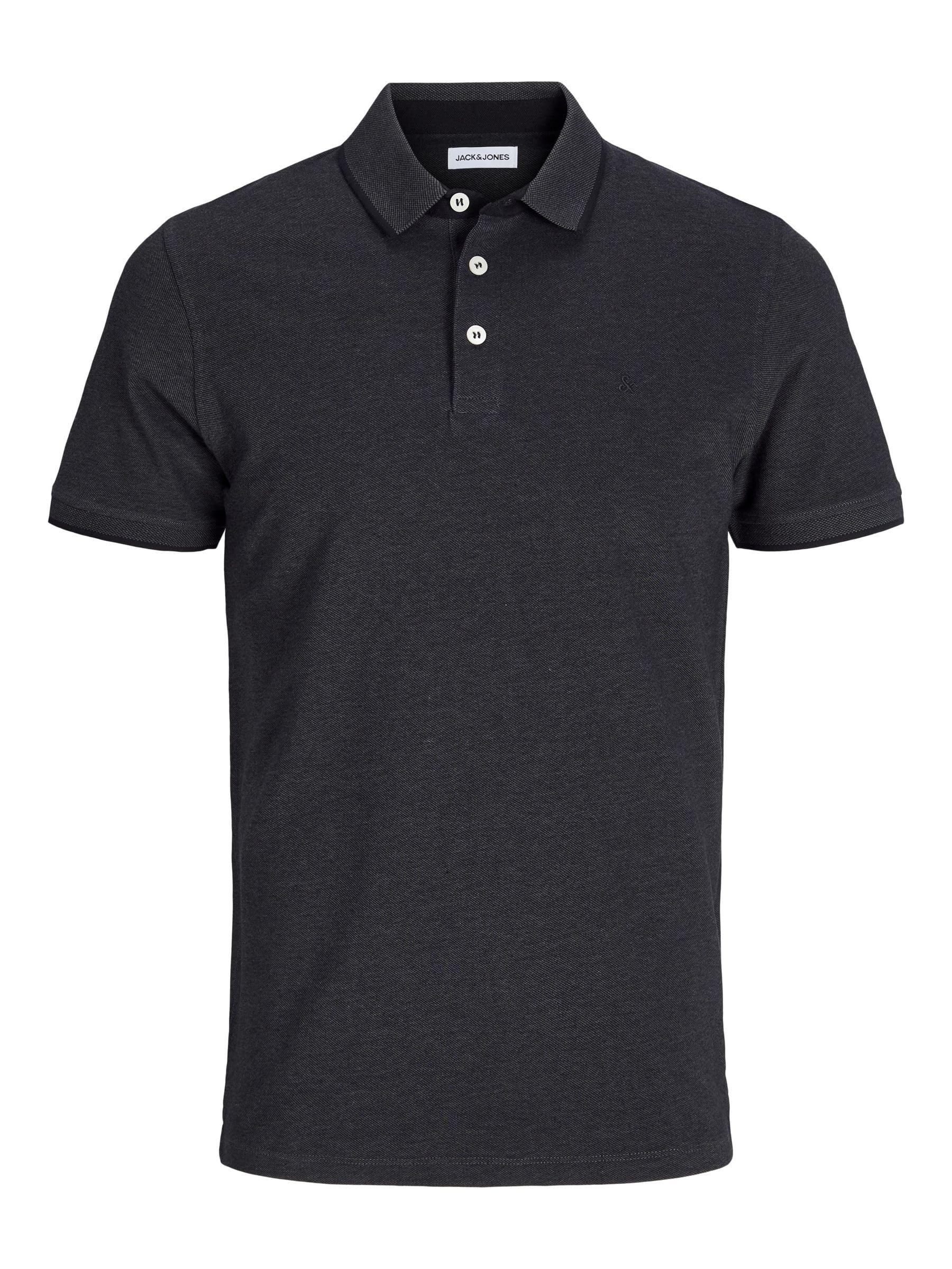 Jack & Jones Herren Slim Fit Polo Shirt JJEPAULOS Uni Sommer Hemd Kragen Kurz Arm Basic Pique Cotton, Dark Grey Melange/Detail:tonal/Black/Slim , XL