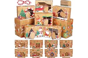 Zhanmai 64 Pcs Christmas Treat Boxes with Window Holiday Kraft Bakery Christmas Cookie Gift Boxes Xmas Pastry Food Containers with Ribbons DIY Tags for Party Favor Gift Giving(Rustic)