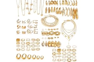 Reaindeer 45pcs Gold Jewelry Sets for Women, Adjustable Bracelets Stackable Knuckle Rings Necklaces Layered Necklace Hoop Ear
