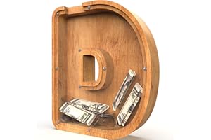 SULEVALT Piggy Bank for Kids Boys Girls, Large Personalized Wooden Letter Piggy Bank with Cut-Out Design, Alphabet Letter Coin Banks, Money Savings Box, Wooden Bank for Kids Creative Gift for Real-Money(D)