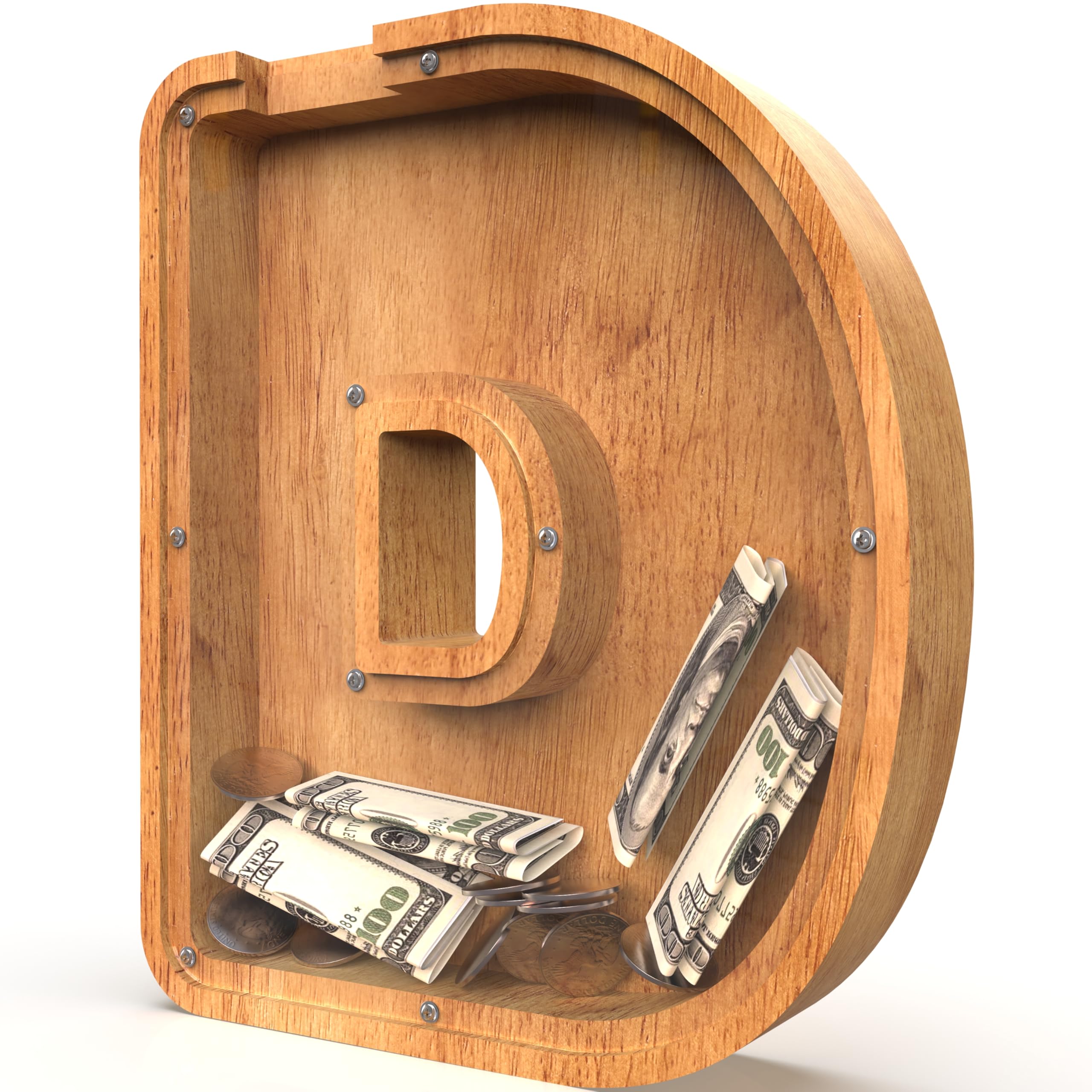 Photo 1 of Piggy Bank for Kids Boys Girls, Large Personalized Wooden Letter Piggy Bank with Cut-Out Design, Alphabet Letter Coin Banks, Money Savings Box, Wooden Bank for Kids Creative Gift for Real-Money(D)