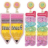 2/3 Pairs Pencil Earrings - Rhinestone Beaded Dangle Drop Earrings for Women - Colorful Teacher Appreciation Gift Set