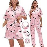 MEEYI Silk Pajamas for Women 3 Piece Satin Pajama Set Ruffle Cute Pj Sets Button Down Sleepwear Side Pockets