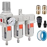 NANPU Three Stage Air Drying System - 5 Micron Particulate Filter, 0.5&0.01 Micron Coalescing Filters, Air Pressure Regulator Combo - 0-150 psi Gauge, Semi-Auto Drain, Metal Bracket(3/8" NPT)