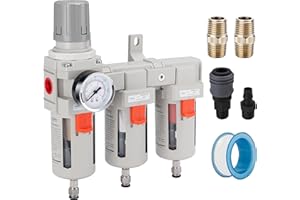 NANPU Three Stage Air Drying System - 5 Micron Particulate Filter, 0.5＆0.01 Micron Coalescing Filters, Air Pressure Regulator Combo - 0-150 psi Gauge, Semi-Auto Drain, Metal Bracket（3/8" NPT）
