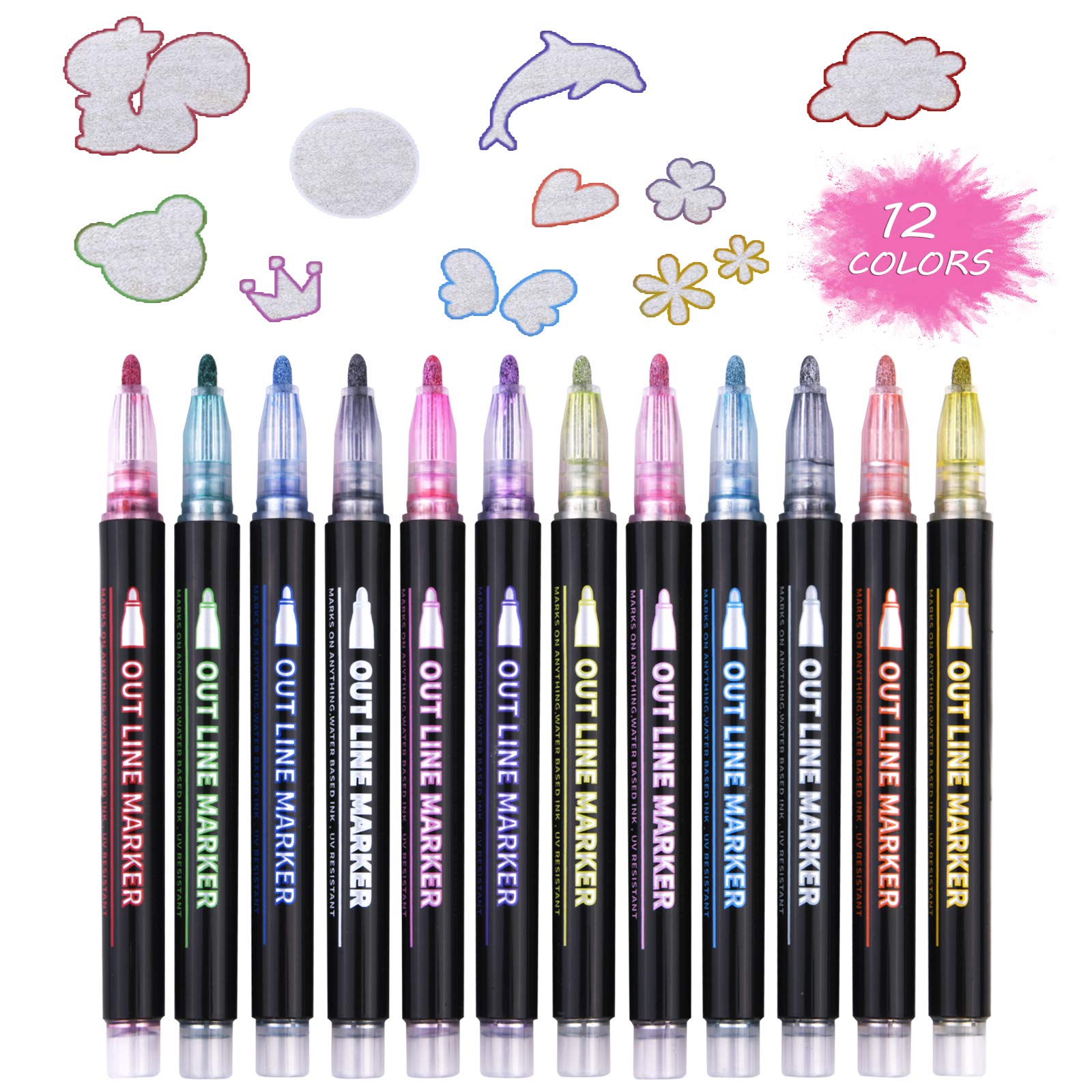 Vicloon Glitter Pens Outline Marker Pen, 12 Sparkle Metallic Colouring Pens for Scrapbooking, Gifts for Teenage Girls, Stocking Fillers Kids, Arts and Crafts for Kids, Gifts for 4-12 Year Old Girls