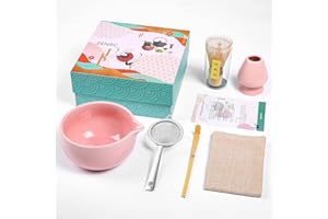 ZENRC Ceremony Pink Matcha Kit - Traditional Bamboo Matcha Whisk (Chasen) Scoop (Chashaku) Chawan Bowl with Pouring Spout Whisk Holder Sifter Tea Tray- The Perfect Matcha Set (Baby Pink, Set of 6)