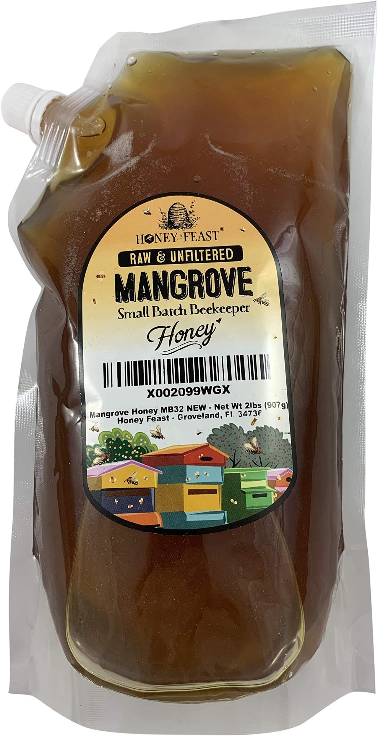 Honey Feast - Florida Beach Mangrove Honey |American Organic floral sources | 2 pound squeeze pouch | Unfiltered & Pure | Local honey to Sanibel Island, Port Charlotte, Melbourne and Cocoa Beach.