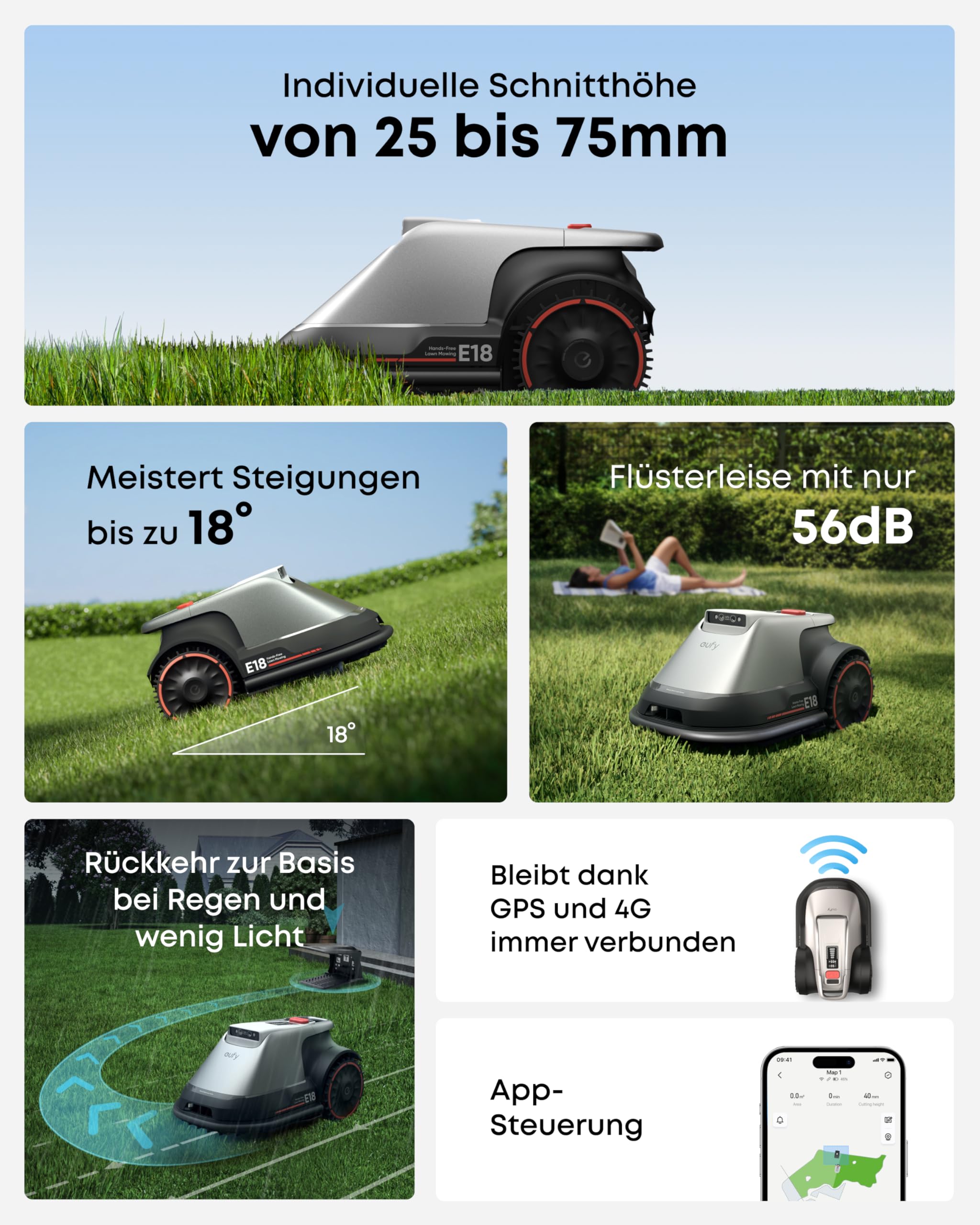 eufy E18 Mähroboter ohne Begrenzungskabel, bis 1200m², ohne RTK & Signalausfälle, TrueVision Technologie, GNSS, Präzisionsrandschnitt, Hindernisvermeidung, App-Steuerung, tierfreundlich & igelsicher 9