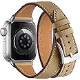 Bestig Bands Compatible with Apple Watch Band 49mm 46mm 45mm 44mm 42mm(Series 3 2 1) Women Men, Genuine Leather Double Tour Designed Slim Strap for iWatch Ultra SE Series 10 9 8 7 6 5 4 (Camel+Silver)