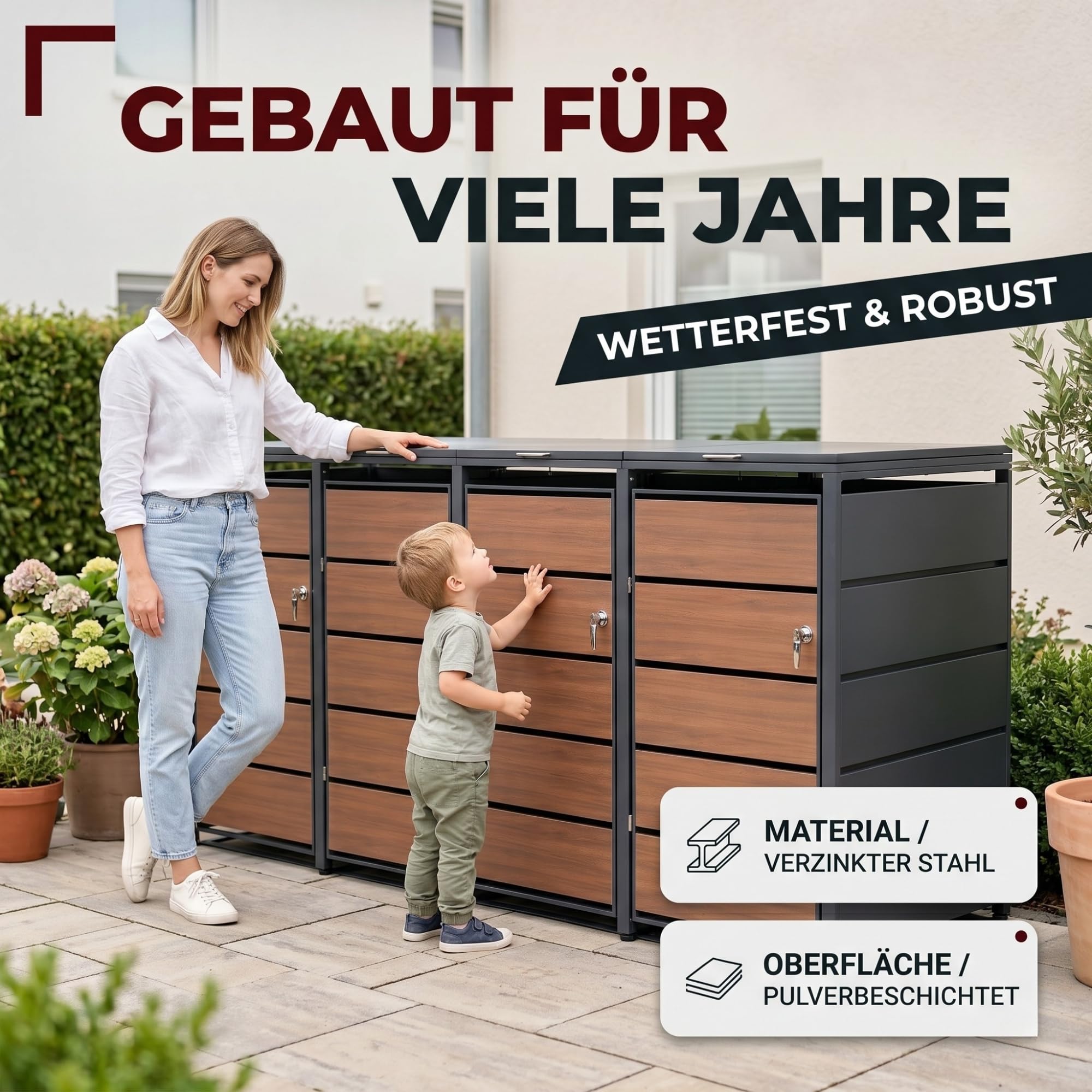 ALBATROS Mülltonnenbox 4er Holzdekor | Metall, 120-240L, abschließbar 7