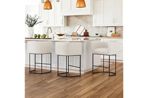 LUE BONA 27" H Counter Height Bar Stools Set of 3, Modern Barrel Counter Stools with Backrest and Arms, Black Metal Frames, Faux Leather Upholstered Accent Barstools for Kitchen Island, Antique White