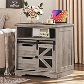 RALGEND Farmhouse End Table with Charging Station, Sofa Side Table with 2 Drawers and Barn Door, Rustic Wooden Nightstand Bed