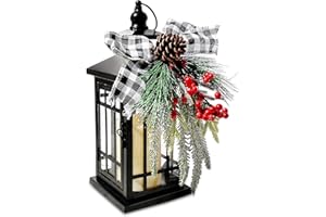 YUQI Christmas Decorative Lantern w/LED Flickering Flameless Candle - 14 Inch, Antiqued Vintage Lantern with Xmas Ornament for Outside Indoor Table Holiday Party Decorations