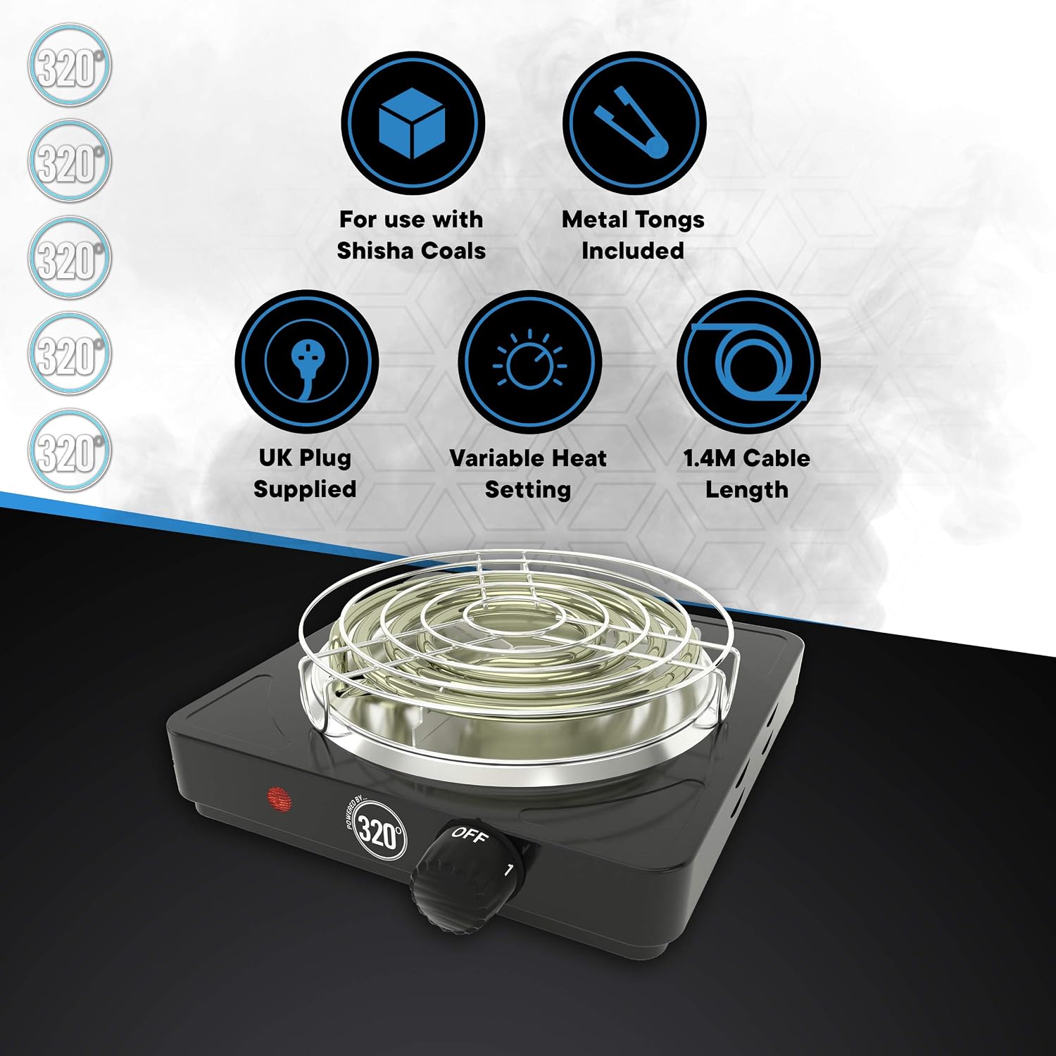 320º Electric Charcoal Burner for Coconut Coal Coil Stove - FULL WARRANTY - Includes Grid & Tongs - 1.4m extra long braided cable - Image 3
