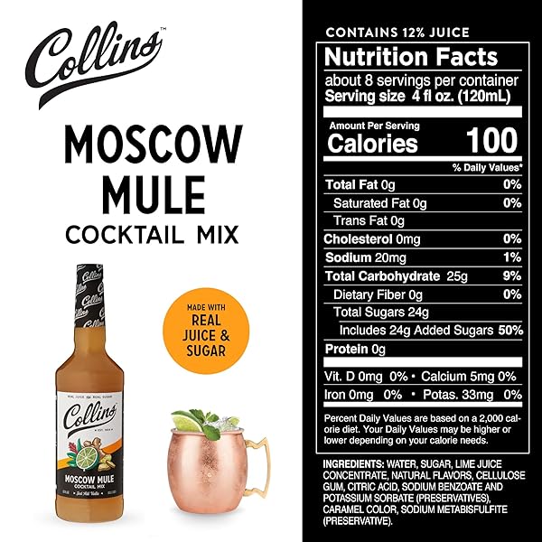 COLLINS MOSCOW MULE MIX | MADE WITH LIME JUICE AND REAL SUGAR WITH NATURAL FLAVORS | CLASSIC COCKTAIL RECIPE INGREDIENT, 32 FL OZ