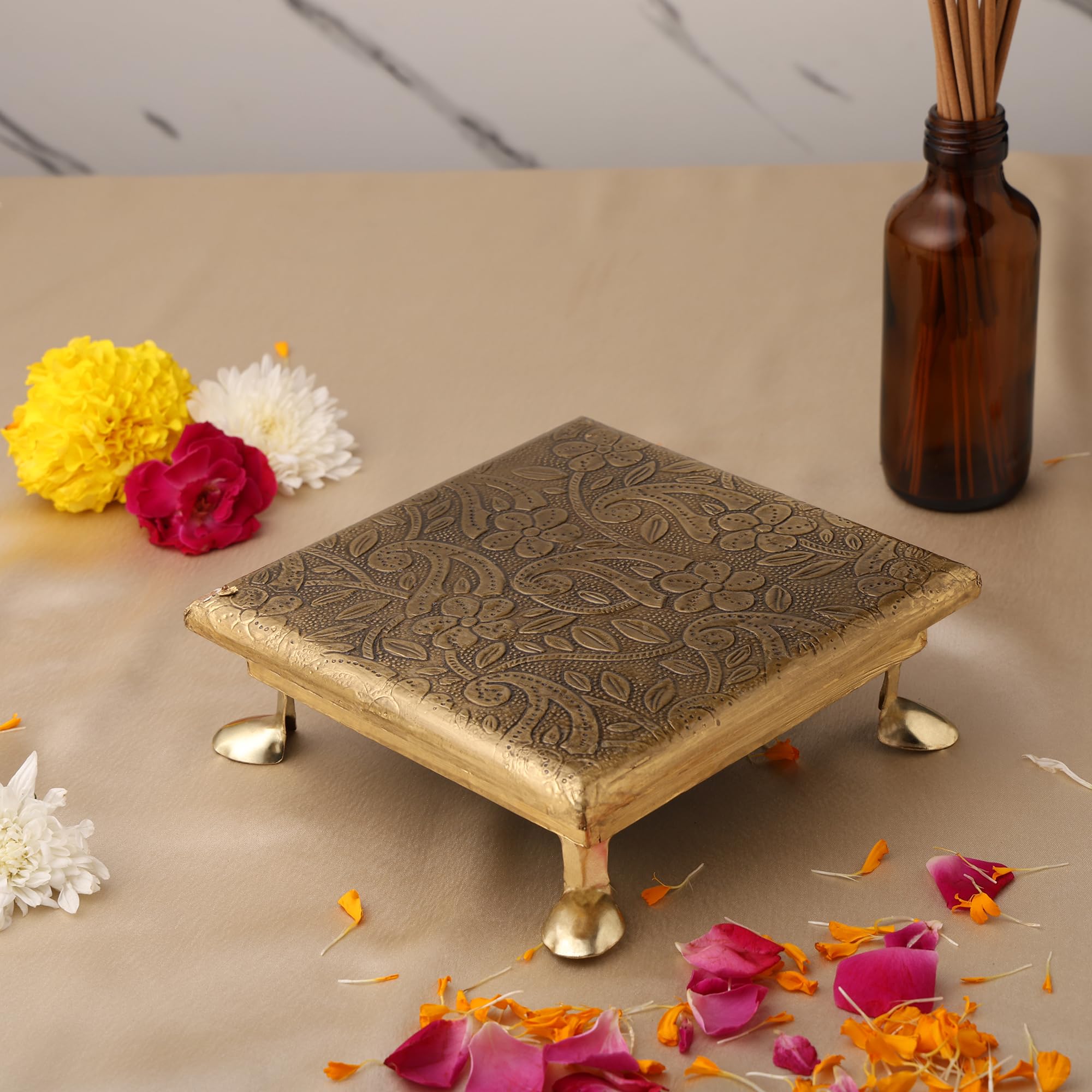 Purpledip Wooden Platform Chowki With Embossed Brass Sheet: Plinth Aasan For Statue, Idol Or Vase, Small (12349C)