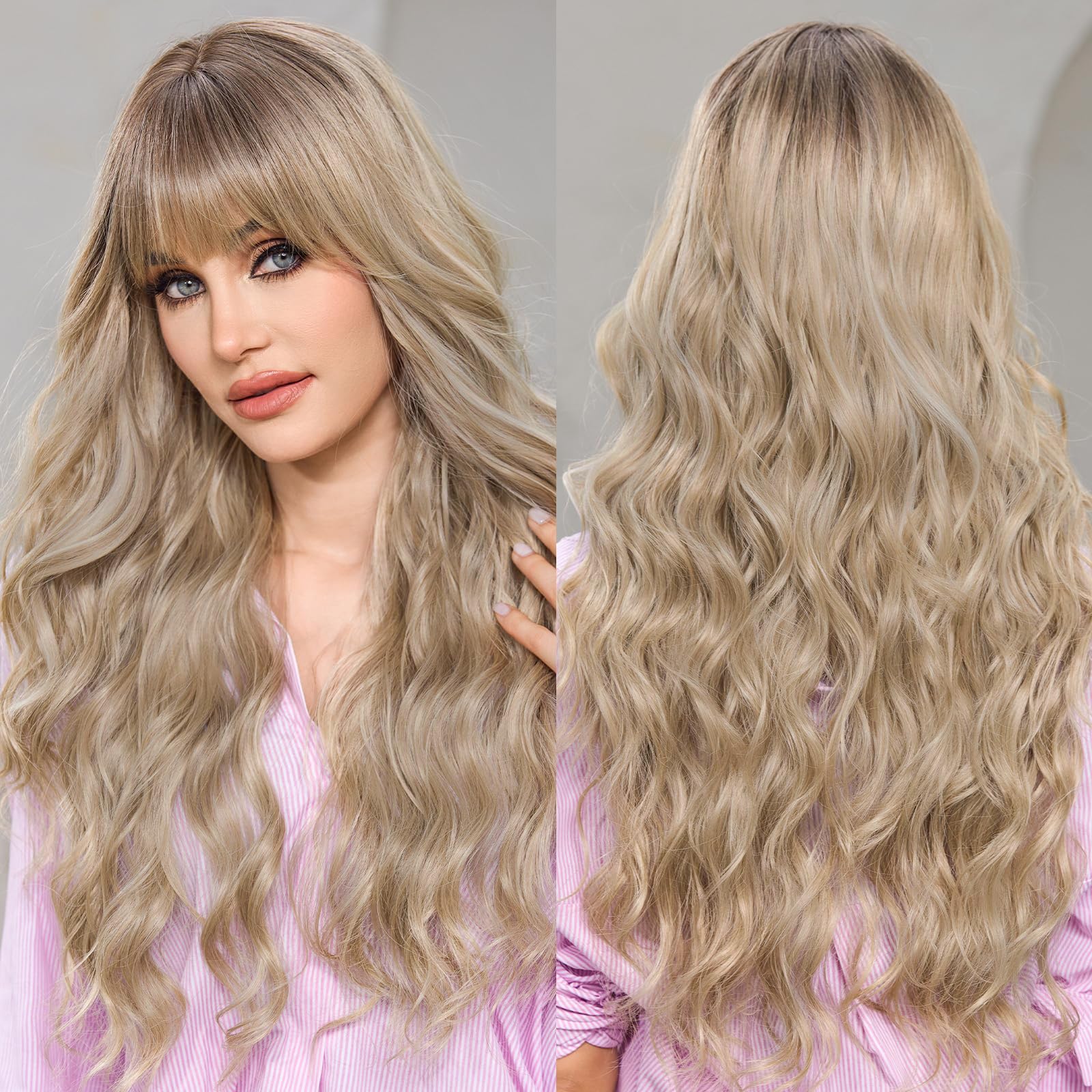 EMMOR Ombre Blonde Wigs for Women Long Curly Wigs with Bangs Heat Resistant Fiber Synthetic Wig Daily Natural looking — image 1