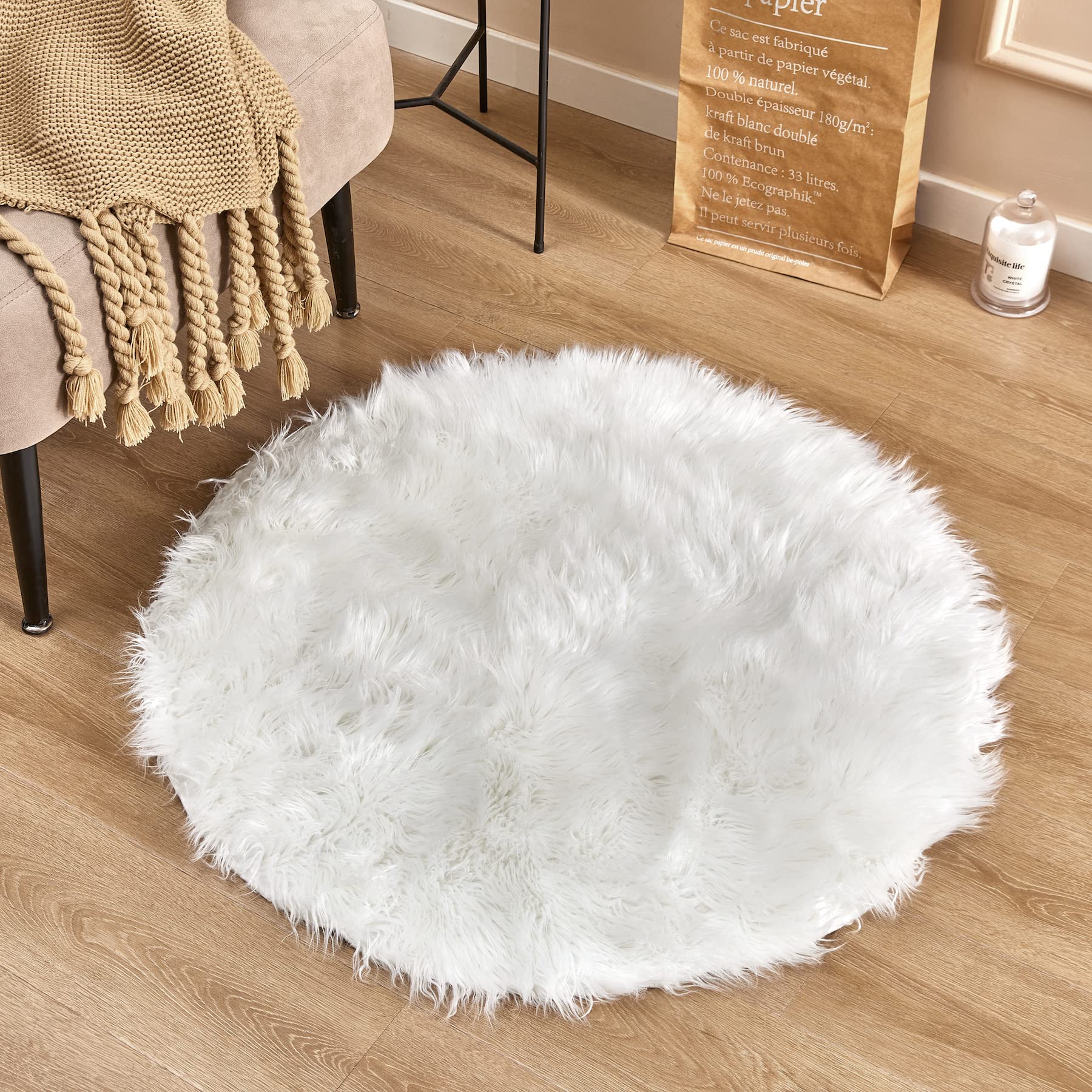 Photo 1 of Super Soft White Round Faux Fur Area Rugs, Fuzzy Fluffy Sheepskin Carpet, Shaggy Furry Floor Mat for Nursery Rugs Living Room Bedroom Bedside, 3 x 3 Feet