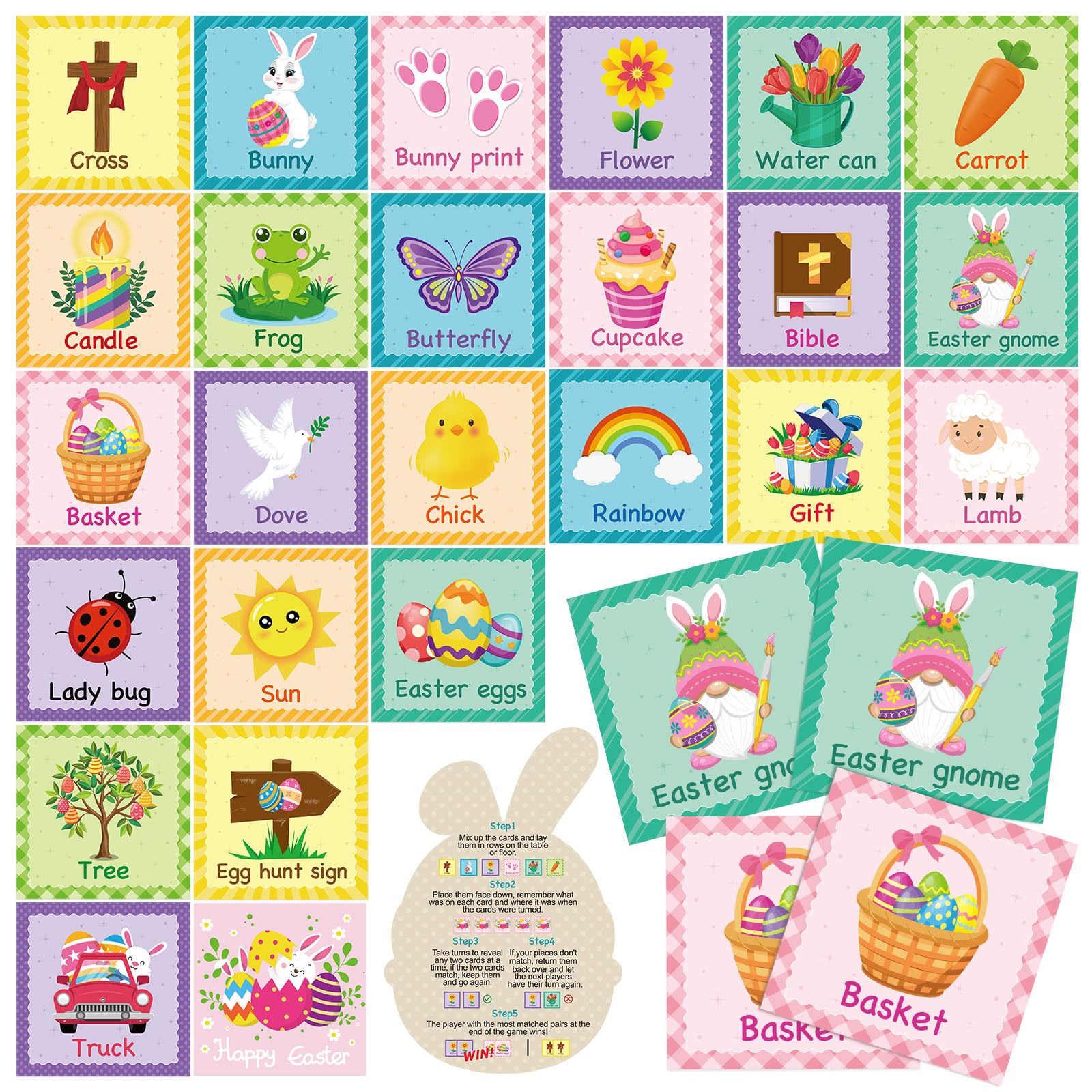 Photo 1 of Containlol 48 Pcs Easter Memory Matching Cards Religious Matching Game Bunny Rabbit Egg Educational Games for Holy Week Spring Christian Birthday Learning Activities Gifts Supplies