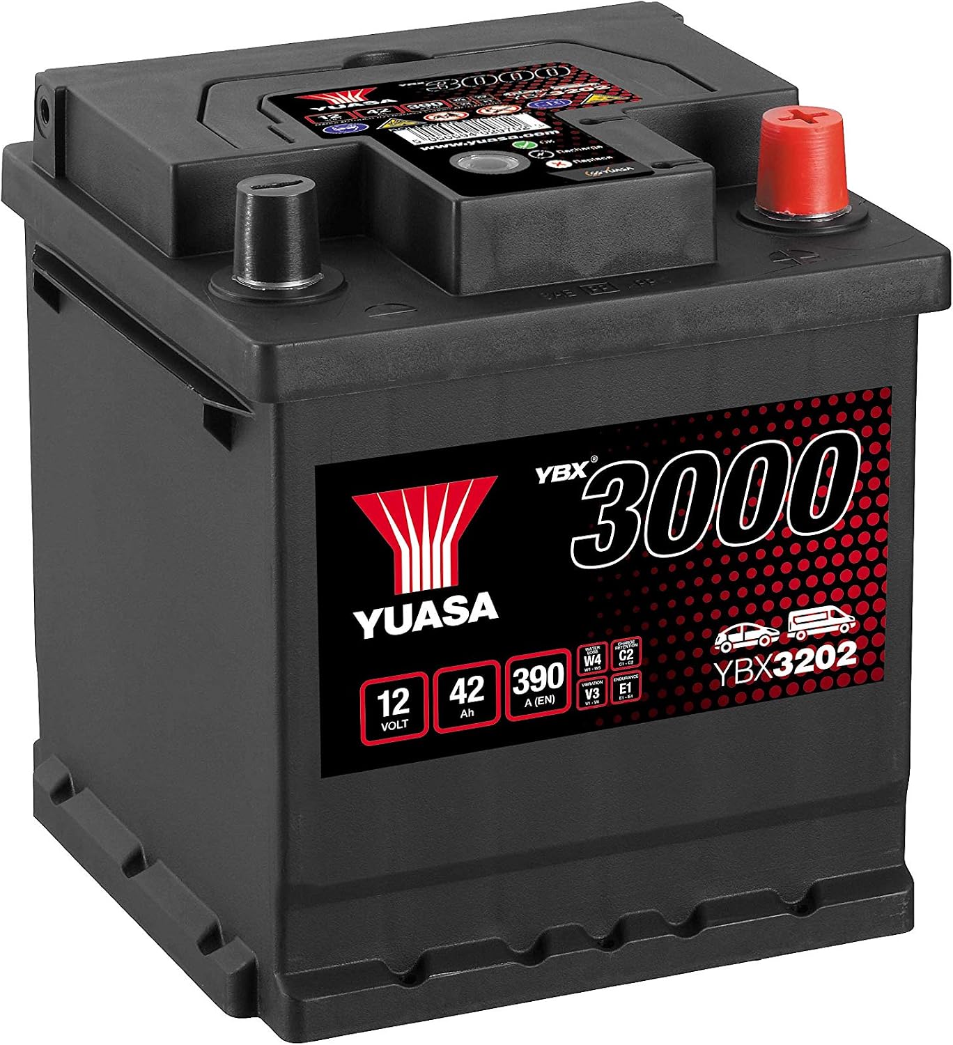 Yuasa YBX3202 12V 42Ah 390CCA Sealed Maintenance Free High Performance Car Battery, 17.5 x 19 x 17.5 centimetres