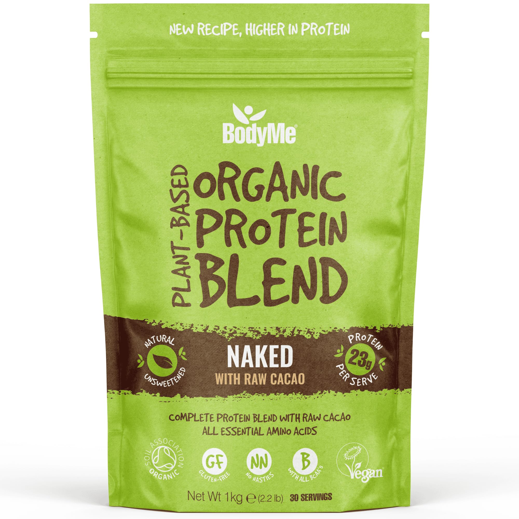 BodyMe Organic Vegan Protein Powder with Raw Cacao (1Kg - 30 Servings) Additive-Free, Dairy-Free, Sugar Free, Sweetener Free. 23g Complete Plant- Protein, Muscle Performance and Recovery.