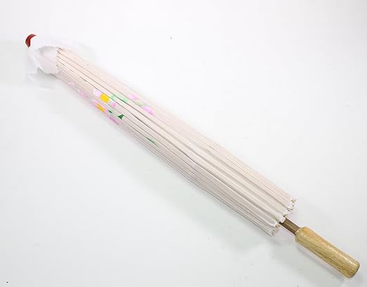 22 Inch Tall White Floral Pattern Wood Bamboo Nylon Parasol Umbrella Backyard Decoration Gift