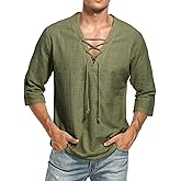 LecGee Men's Casual Cotton Linen Shirt Short Sleeve V Neck Lace Up Hippie Beach Tee Shirts Yoga Summer Top