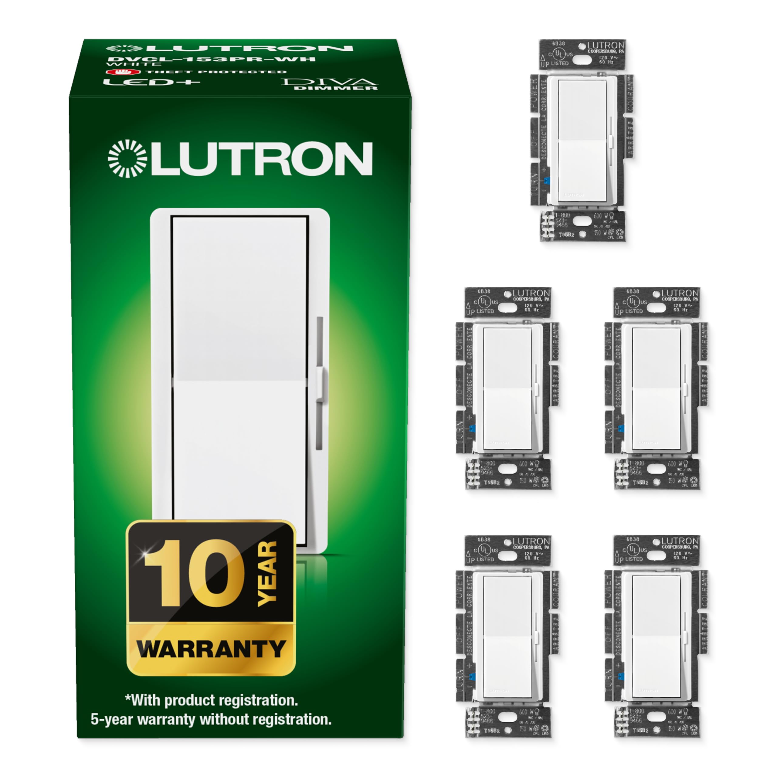 Photo 1 of Lutron Diva LED+ Dimmer Light Switch for Dimmable LED, Halogen, and Incandescent Bulbs, 150 Watt, Single-Pole or 3-Way, DVCL-153P-WH-5, White, 5 Pack