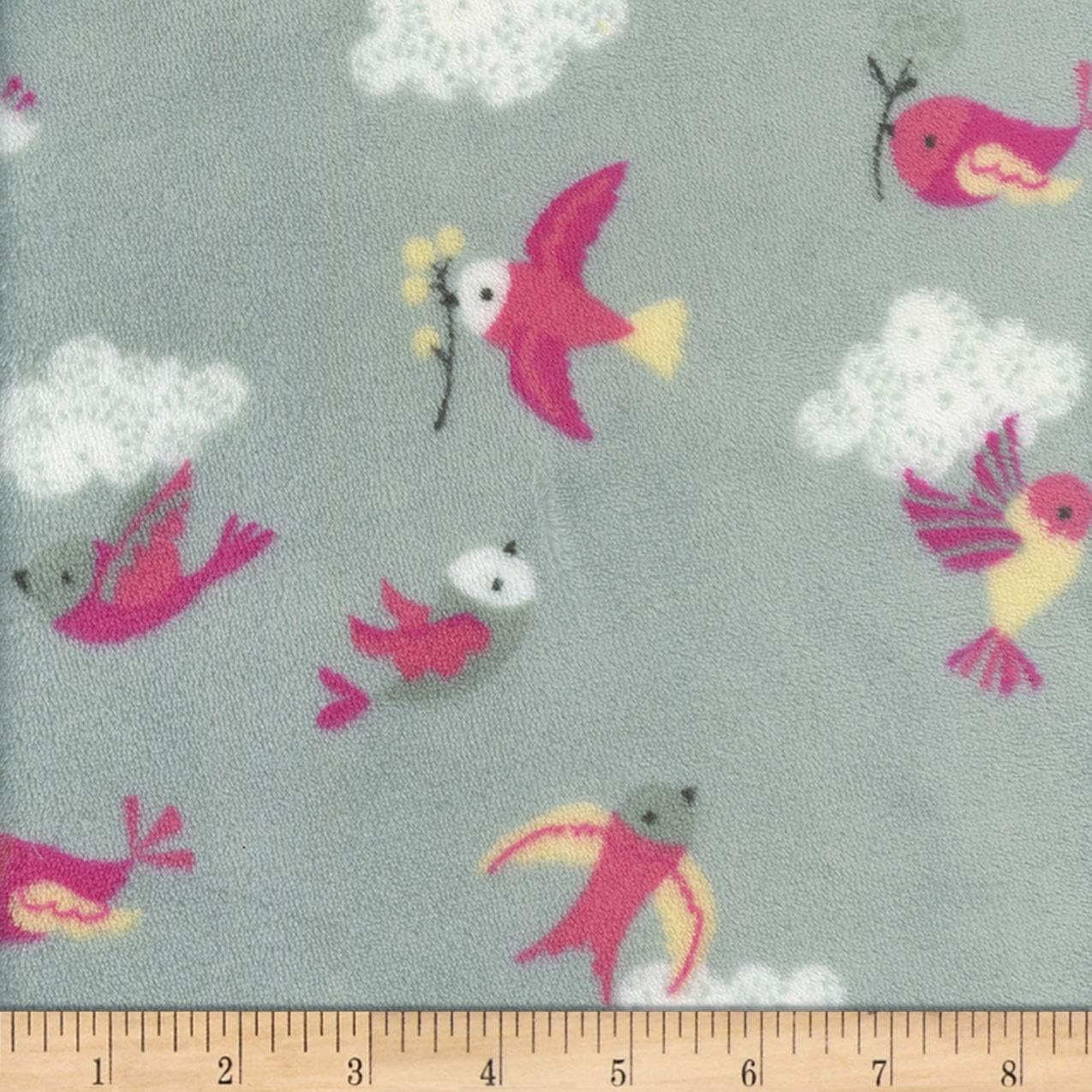 Mook Fabrics Plush Fleece Birds Fabric, Grey, Fabric By The Yard