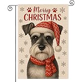 HOMETITUTE Merry Christmas Schnauzer Garden Flag Double Sided 12x18 Inch Burlap Dog Garden Flag Red Hat Scarf Seasonal Banner for Indoor and Outdoor Decoration Yard Lawn Decor