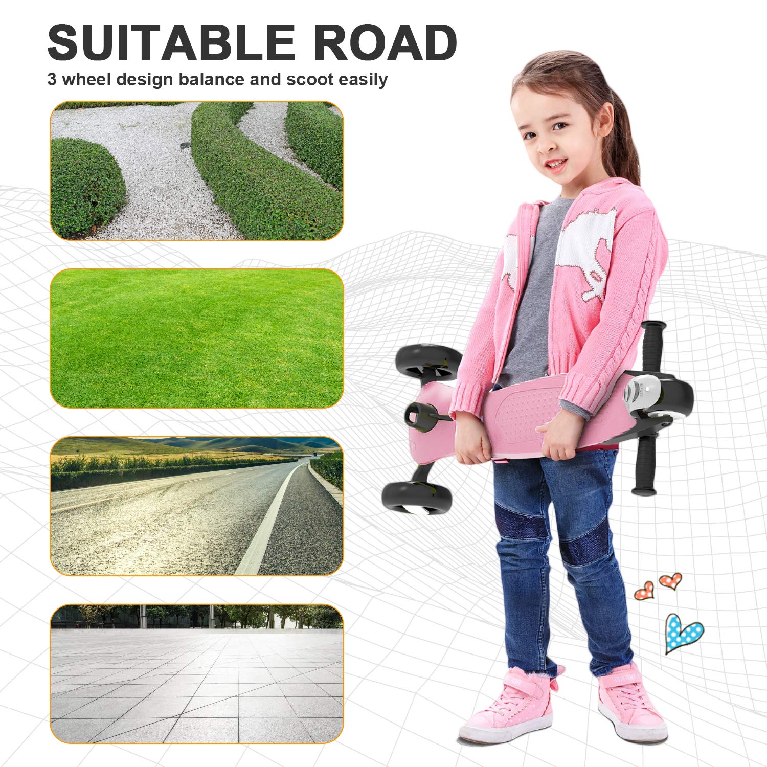 XJD Toddler Scooter Kick Scooter for Kids Great for Kids Boys Girls Light Up 3 Wheels Adjustable Height Children from 2 to 10 Year-Old, Pink