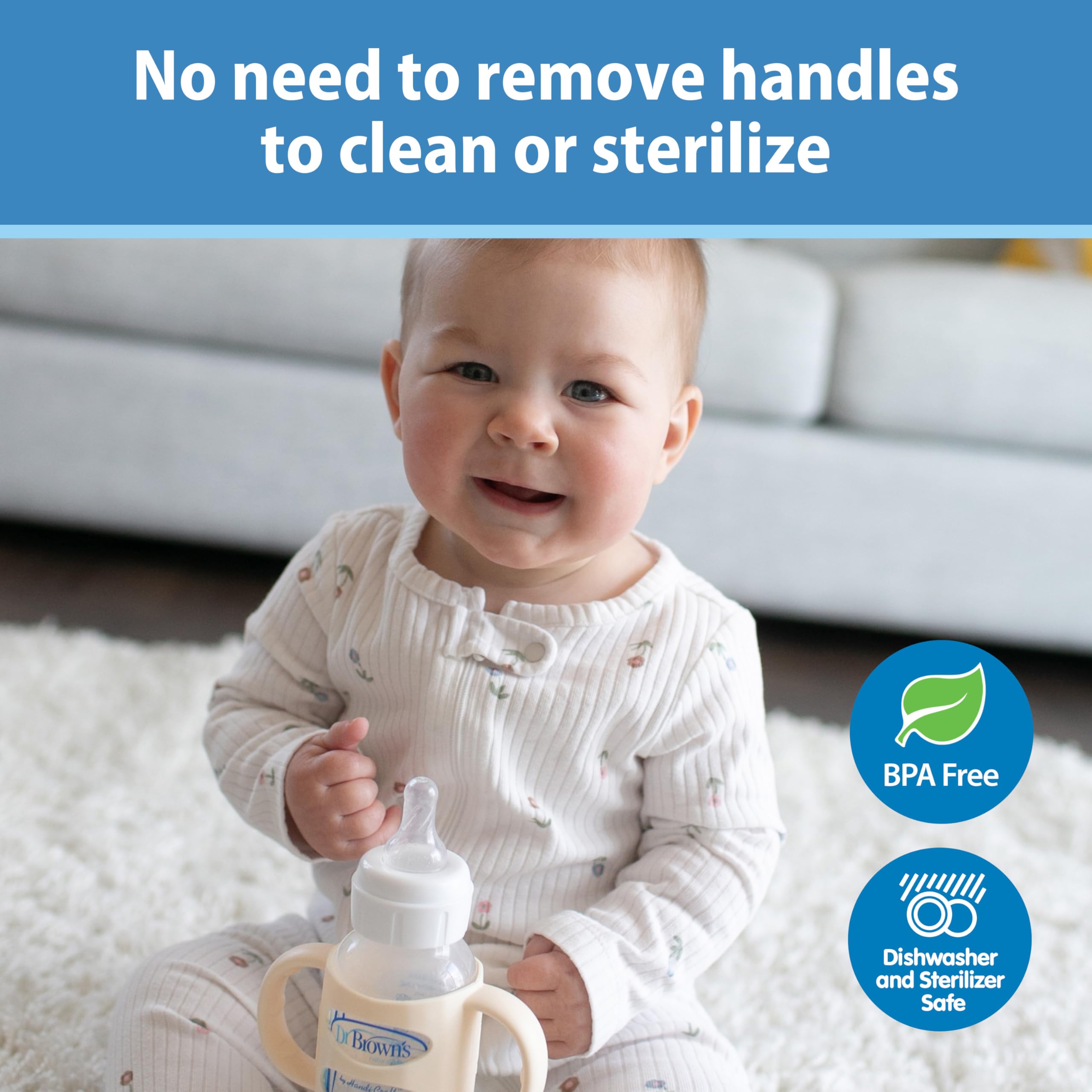 Dr. Brown's Narrow Baby Bottle Handles, 100% Silicone, Easy Grip Removable Handles for Bottle to Sippy Cup Transition, Blue/Gray/Green, 3-Pack, 4m+