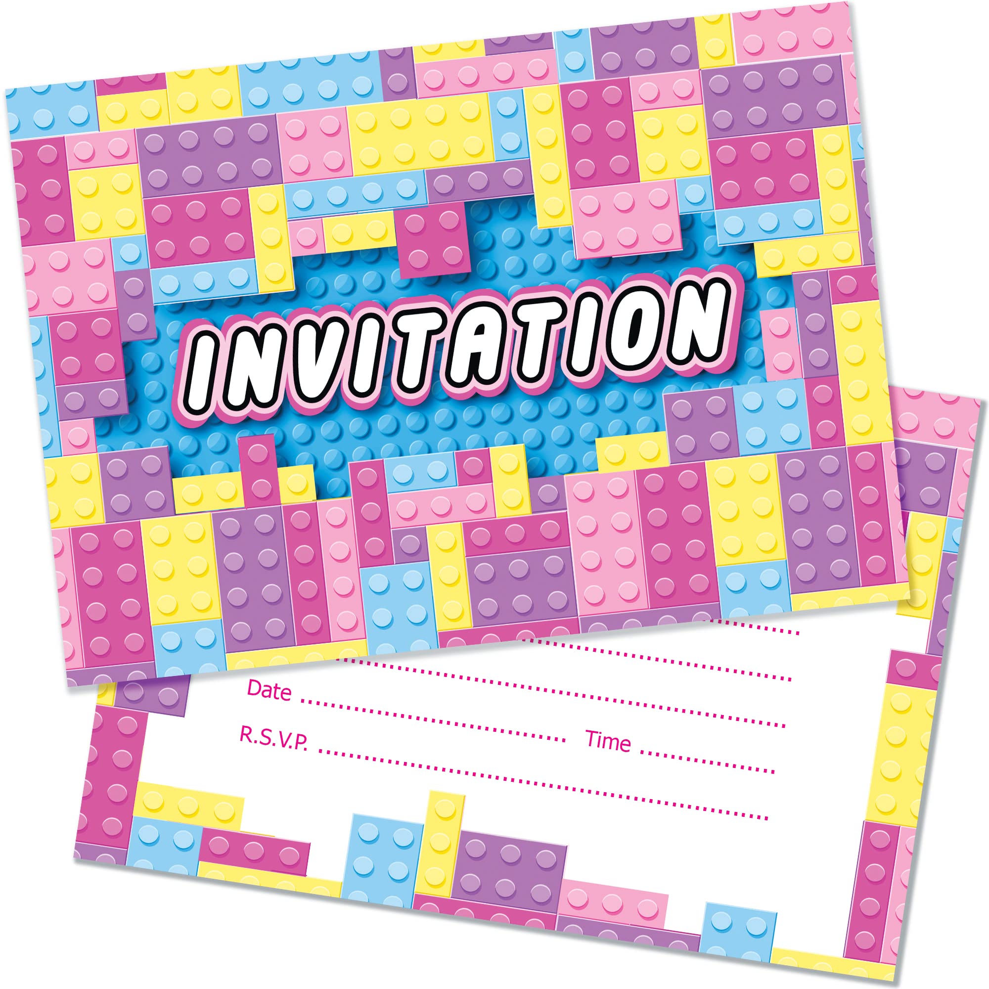 20 x Girls Toy Block Kids Birthday Invitations - A6 Double Sided Cards with Envelopes. Designed and Printed on the UK