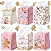 Kolldenn 48 Pcs Pink Christmas Gingerbread Party Favors Bags Christmas Goodie Gift Paper Bags with Handles Xmas Tree Gingerbread Coffee Candy Treat Bag for Xmas Party Decorations Holiday Supplies