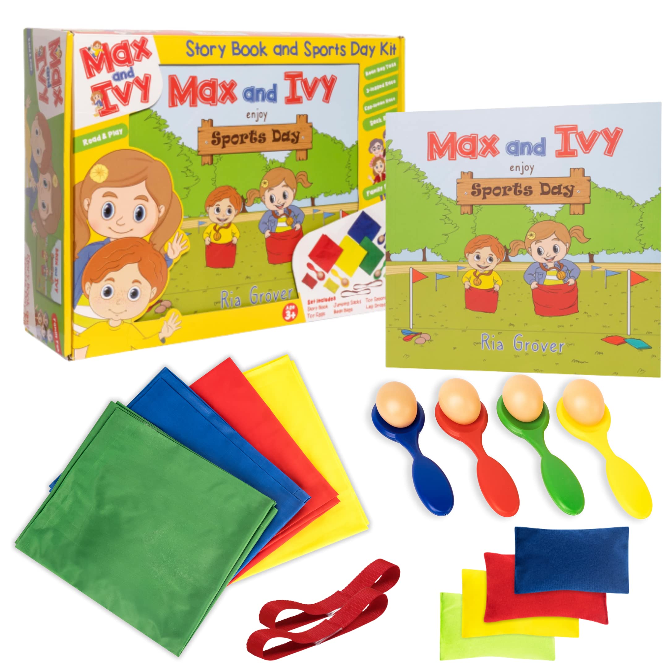 Max and Ivy enjoy Sports Day – 18-Piece Indoor Outdoor Games Set for Children Ages 3-7 – Bean Bag Toss, Egg & Spoon Race, Sack Race – Educational Read & Play Concept