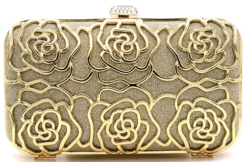 Tooba Handicraft Party Wear Beautiful Metal Diamond Rose Bling Box Clutch Bag Purse For Bridal, Casual, Party, Wedding