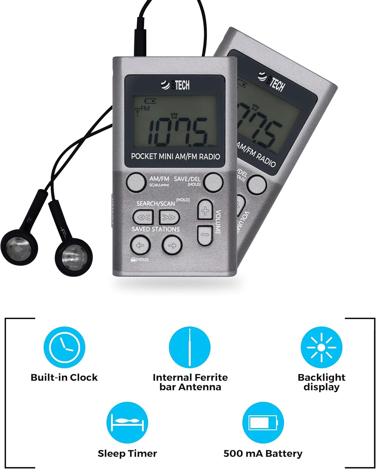 BTECH MPR-AF1 AM FM Personal Radio with Two Types of Stereo Headphones, Clock, Great Reception and Long Battery Life, Mini Pocket Walkman Radio with Headphones (Silver): Electronics
