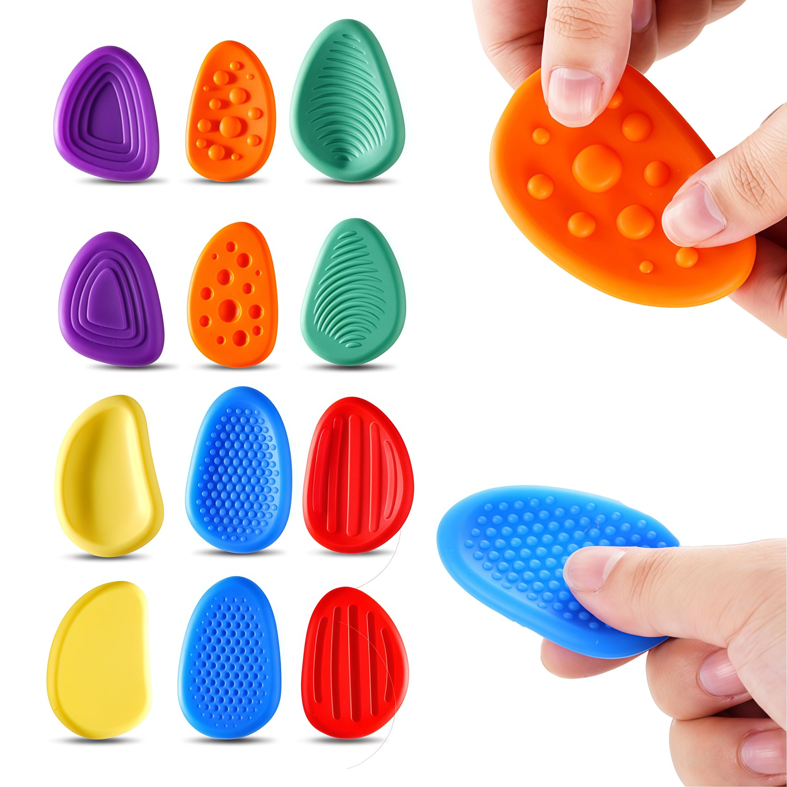 12 Pack Sensory Fidget Stones, 2 Sets of 6 Different Textures, Anxiety Relief Toys for Kids & Adults, Autism ADHD Stress Relief, Calm Down Pocket Worry Stones, Food-Grade Silicone